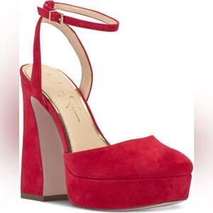 Jessica Simpson Women's Deirae Platform Ankle Strap Pump. Color: Red Muse